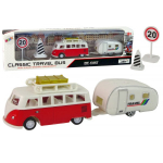 LEAN Toys Red Bus with Camping Trailer vehicle set