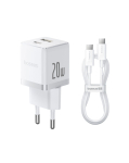 Adaptrid Baseus  Sienas atrais ladetajs Palm 20W USB + USB-C QC3.0 PD3.0 ar USB-C kabeli 1 m  balts (6932172677374)