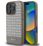 Tagakaaned DKNY Apple iPhone 16 Pro Max PU Leather Repeat Pattern Bottom Stripe MagSafe Case Brown