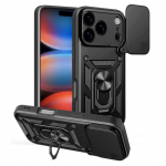 Tagakaaned Hurtel Hybrid Armor Camshield iPhone 17 Pro Case with Stand and Camera Cover - Black