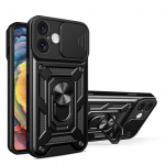 Tagakaaned Hurtel Hybrid Armor Camshield iPhone 16 Plus Armored Case with Camera Cover and Stand - Black