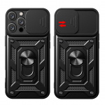 Tagakaaned Hurtel Hybrid Armor Camshield iPhone 16 Pro Max Armored Case with Camera Cover and Stand - Black