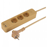 Maandusega kodune pikendusjuhe, 3 x 1.5mm, 1.5m, 3 pistikupesa, USB A/C, liivakarva