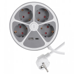 &Uuml;mmargune maandusega kodune pikendusjuhe, 1.5 m, 4 pistikupesa, USB A/C, valge/hall