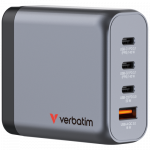 Verbatim 32203 GaN laadija 140W 4-port, USB-A/USB-C, EU/UK/US pistik, hall/must