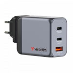 Verbatim 32201 GaN laadija 65W 3-pordiline, USB-A/USB-C, EU/UK/US pistik, hall/must