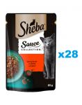 SHEBA Sauce Collection Juicy Flavours kotike 28x85 g m&auml;rg t&auml;istoit t&auml;iskasvanud kassidele t&uuml;kki veiselihaga kastmes