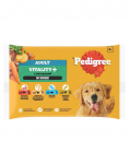 PEDIGREE Adult Vitality+ k&ouml;&ouml;giviljadega kotikesed 4x85g m&auml;rg t&auml;istoit t&auml;iskasvanud koertele veiseliha ja maksa, porgandite ja hernestega, kana ja kartuliga, kala ja porganditega, linnuliha, porgandite ja hernestega kastmes