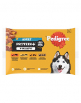 PEDIGREE Adult Protein+ saszetki 4x85 g T&auml;iskasvanud koertele m&otilde;eldud t&auml;ism&auml;rg toit, mis sisaldab segu veiselihast ja maksast, kanast ja veiselihast, kalkunist ja kanast, pardist ja kanast želees.