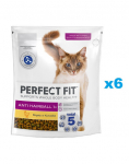 PERFECT FIT Antihairball 1+ 6x750 g kuiv t&auml;istoit t&auml;iskasvanud kassidele, mis sisaldab rohkelt kana