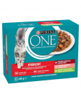 PURINA ONE Sterilcat 24x85g veiseliha ja porgandiga, l&otilde;he ja porgandiga, kalkuni ja roheliste ubadega, m&auml;rgtoit kastreeritud kassidele
