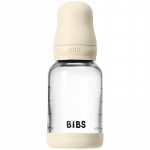 BIBS Baby Glass Bottle Silicone koolikuid ennetav pudel silikoonist lutiga Ivory 120 ml