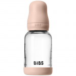 BIBS Baby Glass Bottle Silicone koolikuid ennetav pudel silikoonist lutiga Blush 120 ml
