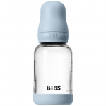 BIBS Baby Glass Bottle Silicone koolikuid ennetav pudel silikoonist lutiga Baby Blue 120 ml