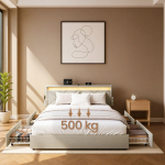 Voodiraam 140x200 beež LED sahtlid ja laadimisjaam