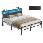 Metallist voodi 160 x 200 cm voodiraam peatsiga voodi hoiuruumi ja LED-valgustusega