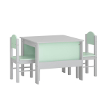 Puidust laste laud ja 2 tooli 60 x 60 cm riiulitega