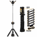 JCB Tri-Fold Konnect torn-LED t&ouml;&ouml;tuli ehitusplatsidele 8400lm 3 pead 360&deg; 18V v&otilde;i 110/240V 2.4m statiiv IP54 JCB-SL-TRI-FOLD