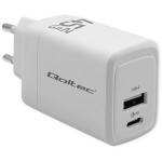 Qoltec 51825 GaN laadija, 45W, 5-20V, 1.5-3A, 1xUSB-C PD, 1xUSB QC 3.0, valge