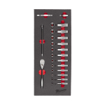 &frac14; COLLAS ATSLĒGA AR SPRŪDRATU UN UZGRIEŽŅU SKRŪVĒ&Scaron;ANAS UZGAĻU KOMPLEKTS AR PUTU IELIKTNI, 1/4" RATCHET AND SOCKET SET FOAM INSERT, 4932479824 MILWAUKEE