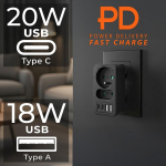 Maclean muciņa x2 + 4xUSB, MCE249 F/B, 100-240VAC, 50-60Hz, 2xUSB-A, 2xUSB-C PD 20W, 1x16A, 1x6A, must