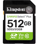 Kingston Canvas Select Plus m&auml;lukaart SDS3/512GB, 512 GB, SDXC, UHS-I, 150 MB/s, 10. klass, U3, V30