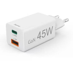 Hama 00201993 GaN laadija, 45W, 1xUSB-C, 1xUSB-A, PD/QC 3.0, valge