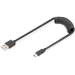 Digitus USB 2.0 Type A to USB C spiraalkaabel AK-300430-006-S, 1m, 60W, 3A, must, topeltvarjestatud