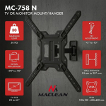 Maclean TV/monitori seinakinnitus MC-758 N, 23&ndash;65", 30kg, VESA 100x100&ndash;400x400, teras, must, kallutus, k&otilde;rgus