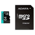 Adata m&auml;lukaart microSDXC AUSDX64GUI3V30SA2-RA1 64GB, lugemise kiirus 100MB/s, kirjutamise kiirus 80MB/s, UHS-I, U3, V30, IPX7