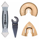 Daudzfunkcionālo rīku komplekts flīzēm 4 gab., EINHELL, 49708750, iekļauj Delta rasp, segmenta zāģa asmeni un silikona &scaron;uvju izlīdzinātāju.