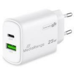 Mediarange toiteadapter MRMA112-2 25W, 1x USB-C, 1x USB-A, kiire laadimine, valge, pol&uuml;karbonaat