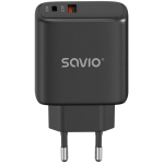 SAVIO LA-06/B siseruumide laadija, 30W, 100-240V, 50-60Hz, 1xUSB-C, 5V/3A, 9V/3A, 12V/2.1A, 20V, must
