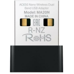 Mercusys traadita v&otilde;rguadapter MA20N, 650 Mbit/s, USB Type-A, Dual-band (2.4 GHz / 5 GHz), WPA2-PSK/WPA3-PSK, must/metallik
