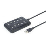 Gembird USB keskjaam UHB-U2P10P-01 10 porti, must, DC toite sisend, Windows 11 &uuml;hilduv