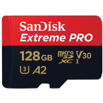 Sandisk Extreme PRO 128 GB MicroSDXC UHS-I Klass 10, 128 GB, 200 MB/s, 90 MB/s, A2, UHS 3, V30, Class 10, adapter kaasas