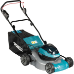 Makita DLM466Z 36 V (2&times;18 V) juhtmevaba muruniiduk 46 cm l&otilde;ikelaius 1 400 W harjadeta mootor 10 k&otilde;rguse taset 20&ndash;75 mm 60 L rohukorv mul&scaron;imine elektrooniline pidur ilma akude ja laadijata sinine/must