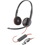 Poly Blackwire 3220 k&otilde;rvaklapid, 8X228AA, 32 &Omega;, 90 dB, 2.8 cm k&otilde;lar, stereo, fikseeritud mikrofon