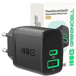 Green Cell Laadija PowerSource Duo30 CHARB-GC-30AC-B, 30W, 1xUSB-C, 1xUSB-A, must, PD3.0, QC3.0, kaitse