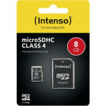 Intenso m&auml;lukaart micro SDHC 3403460 8GB C4, lugemiskiirus 20MB/s, kirjutamiskiirus 5MB/s, SD adapter, must
