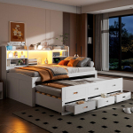 V&auml;ljat&otilde;mmatav voodi LED-i, 3 sahtli, USB+Type-C, 90x200 cm
