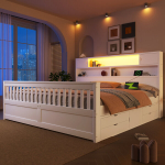 Voodiraam riiulite, LED-i, USB-i, 4 sahtliga, 180x200 cm