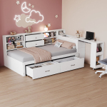 Puidust voodi laua ja sahtlitega, 90x200 cm, USB, 1 tk