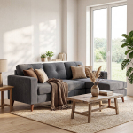 Nurgadiivan L-kujuline 3-kohaline p&ouml;&ouml;ratava chaise'ga 192x137x84 cm tumehall cord-kangas