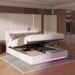 H&uuml;drauliline hoiustamisv&otilde;imalusega LED-voodi USB-laadimisega, 160 x 200 cm, beež