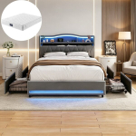 Voodi, 160 x 200 cm, LED-valgustuse ja USB-laadimisega, 4 sahtliga, madrats komplektis, sametmaterjal, hall.