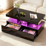 Kohvilaud LED-valgustiga, 2 sahtli ja avatud riiulitega, must, 104x53x46 cm.