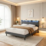Voodi 160&times;200cm, LED-valguse ja USB/C-pordiga, noortevoodi voodiliistudega, hall, linane.