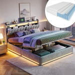 Kaheinimesevoodi 160x200 cm, madratsi, LED-valgustuse ja USB-ga, reguleeritava peatsiga, hall, samet