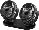 12V/24V kahepealine autoventilaator &ndash; 360 kraadi p&ouml;&ouml;ratav disain, USB-toitega, 3 kiirusega kaasaskantav tugeva tuulega jahutusventilaator, sobib tagaistmele &ndash; must